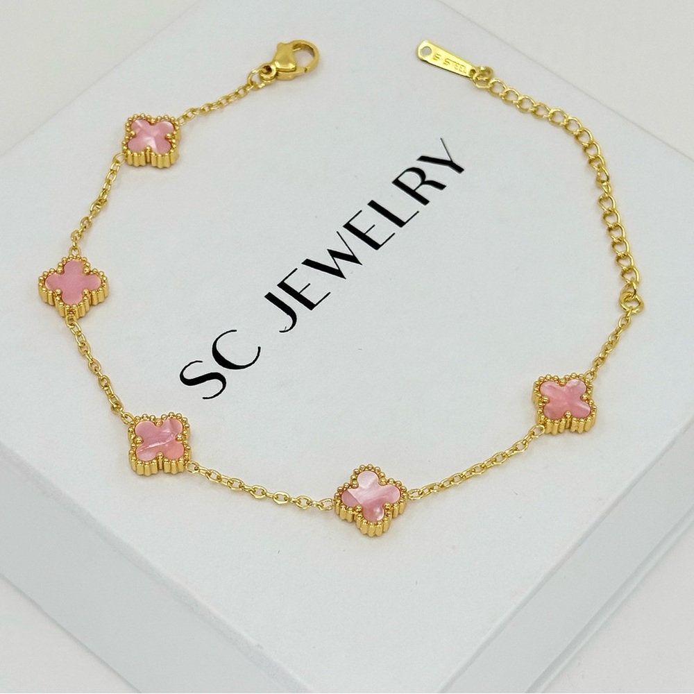Petite Pink Mother of Pearl Gold Clover Bracelet | Stainless Steel Double Sided